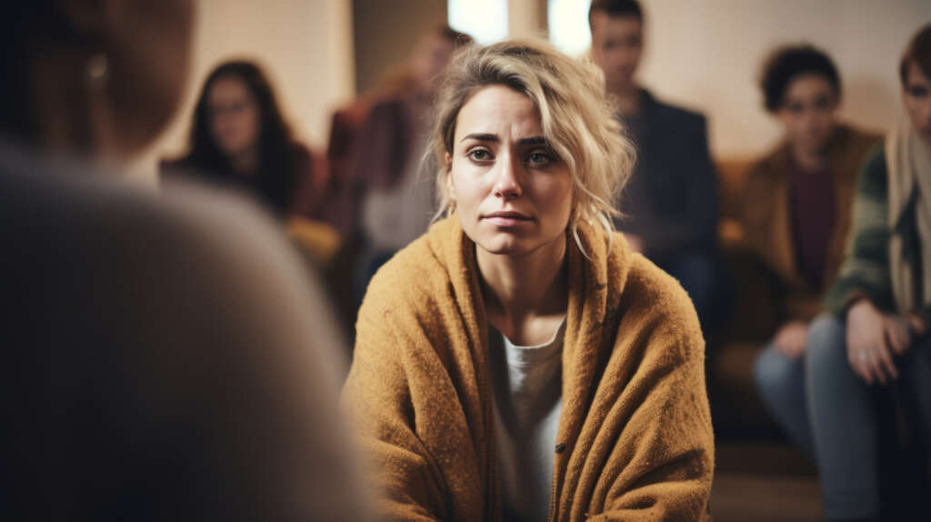 Sad depressed woman at support group meeting for mental health and addiction issues in anonymous community space with many people around