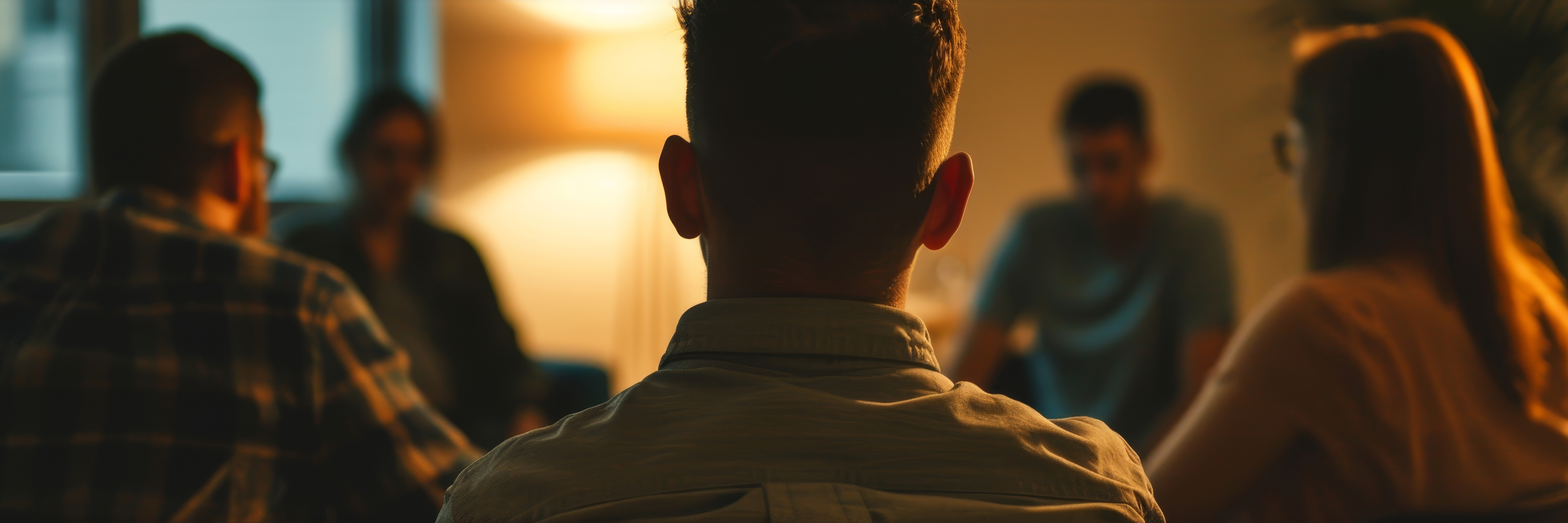 Young recovering alcoholic man sitting at a support group, concept of sobriety and recovery from alcoholism/addiction